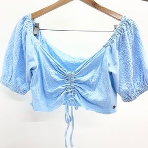 Roxy Light Blue Ruched Drawstring Crop Top with Puff Sleeves